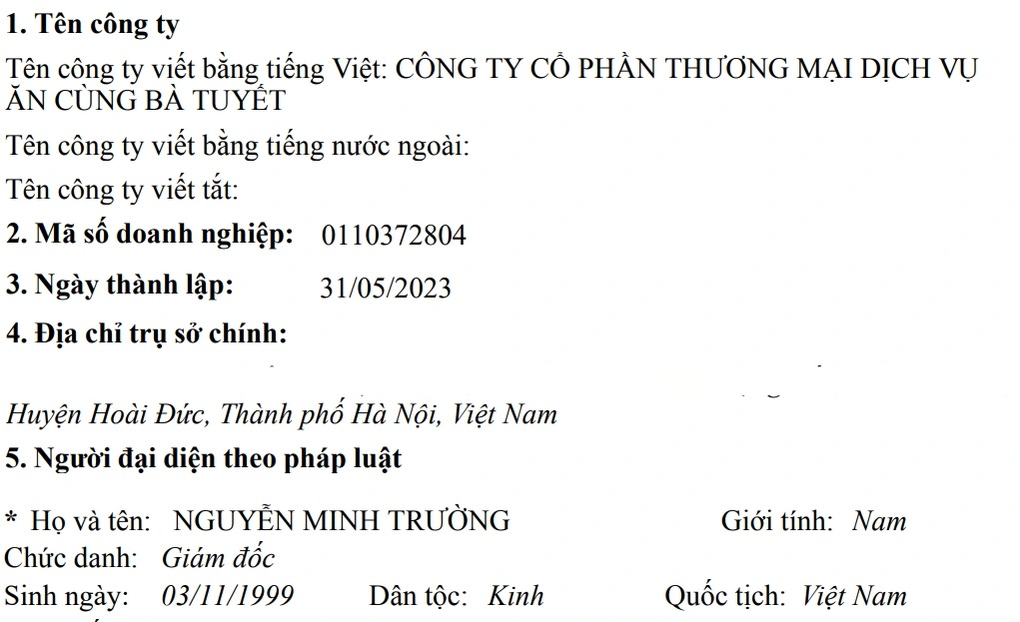 Công ty Ăn Cùng Bà Tuyết thông báo giải thể - 1 Công ty Ăn Cùng Bà Tuyết thông báo giải thể - 1