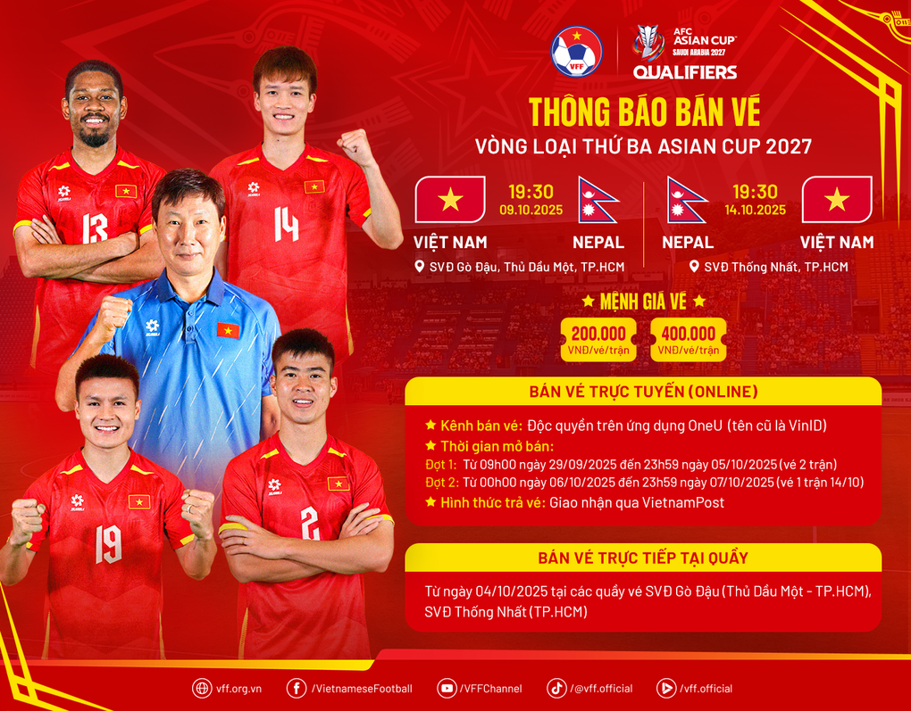 VFF kêu gọi cổ vũ đội tuyển Việt Nam, bán vé các trận gặp Nepal - 1